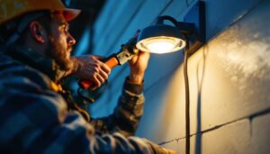 A photograph of a lighting contractor installing an exterior light fixture