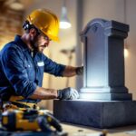 A photograph of a lighting contractor expertly installing a shunted tombstone in a residential or commercial setting