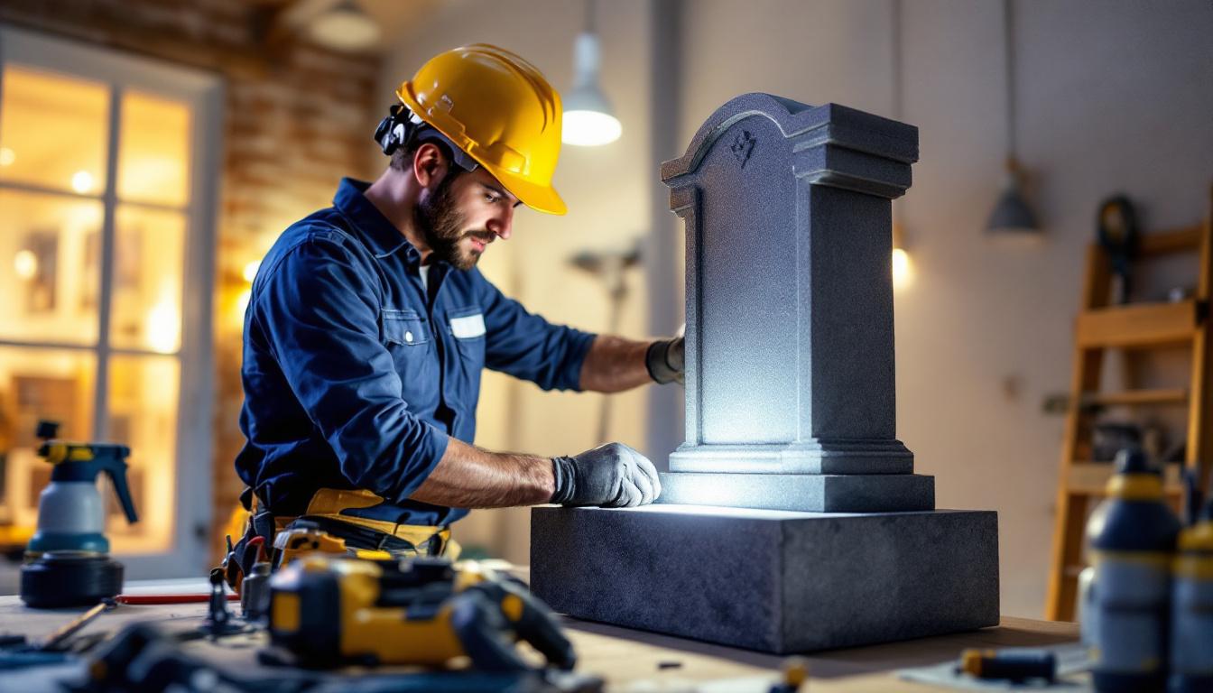 A photograph of a lighting contractor expertly installing a shunted tombstone in a residential or commercial setting