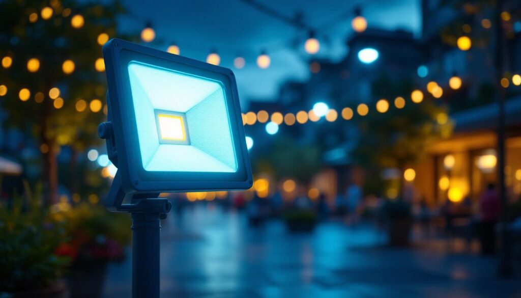 A photograph of a modern commercial outdoor flood light illuminating a vibrant outdoor space