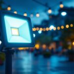 A photograph of a modern commercial outdoor flood light illuminating a vibrant outdoor space