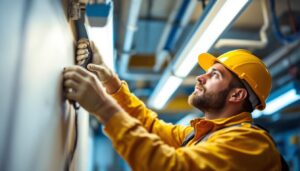 A photograph of a lighting contractor installing retrofit led fluorescent tubes in a commercial space
