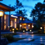 A photograph of a beautifully illuminated outdoor space featuring various solar lights installed around a house