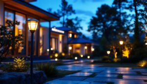A photograph of a beautifully illuminated outdoor space featuring various solar lights installed around a house