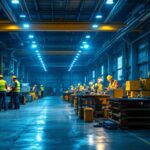 A photograph of a brightly lit industrial workspace featuring explosion-proof led lights in use