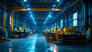A photograph of a brightly lit industrial workspace featuring explosion-proof led lights in use