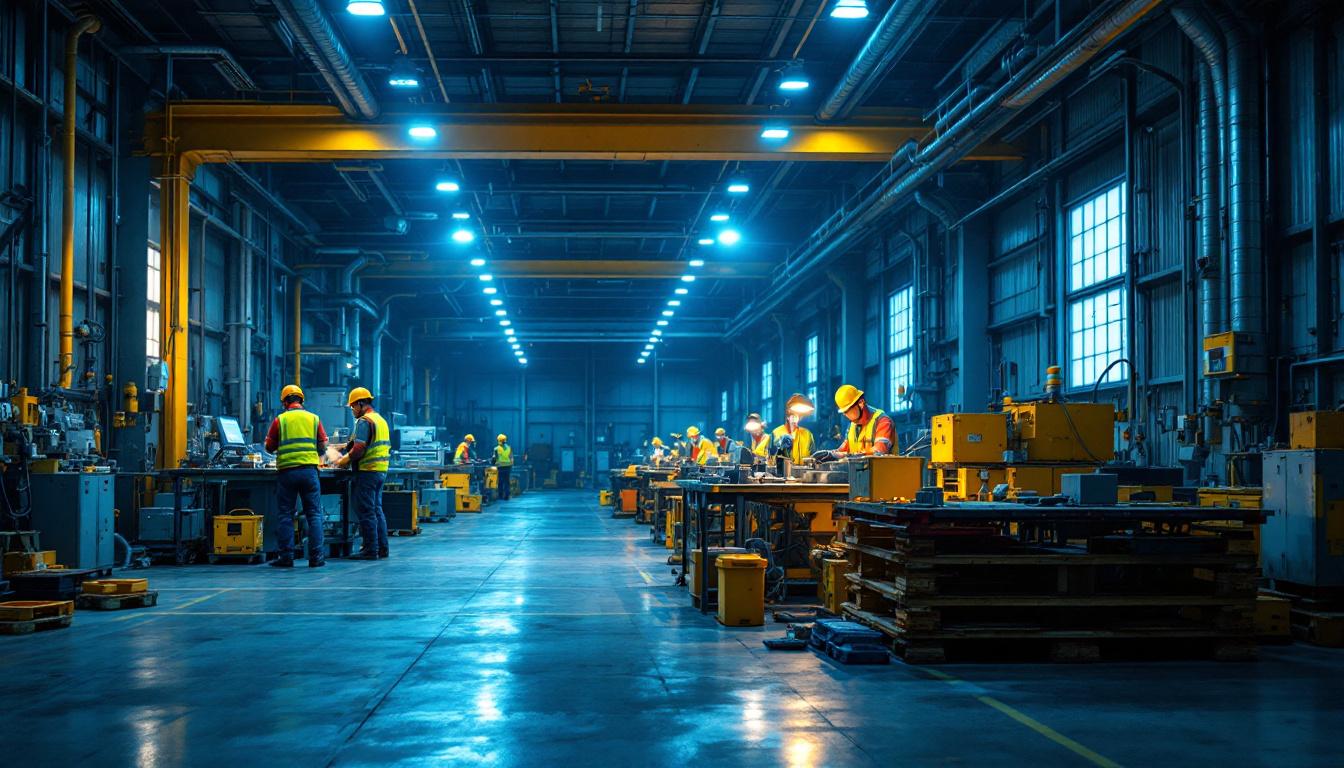 A photograph of a brightly lit industrial workspace featuring explosion-proof led lights in use