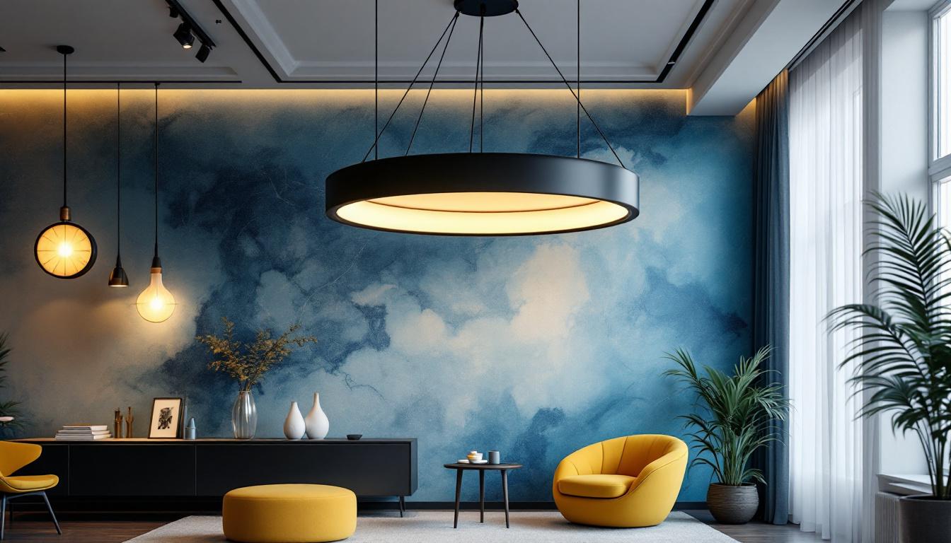 A photograph of a beautifully designed large circular pendant light hanging in a stylish interior setting