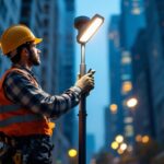 A photograph of a lighting contractor installing or inspecting a sleek