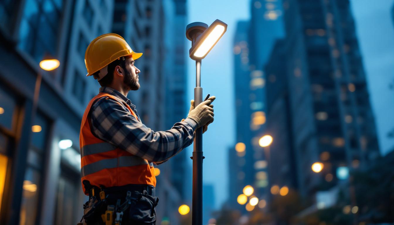 A photograph of a lighting contractor installing or inspecting a sleek