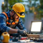 A photograph of a lighting contractor installing a small led flood light in an outdoor setting