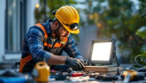 A photograph of a lighting contractor installing a small led flood light in an outdoor setting