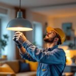 A photograph of a skilled lighting contractor expertly installing a modern light fixture in a stylish home setting