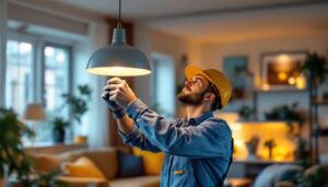 A photograph of a skilled lighting contractor expertly installing a modern light fixture in a stylish home setting