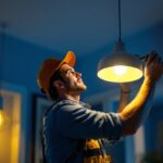 A photograph of a skilled lighting contractor installing an elegant