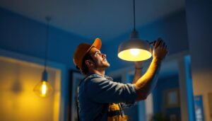 A photograph of a skilled lighting contractor installing an elegant