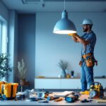 A photograph of a lighting contractor expertly installing a floating ceiling light fixture in a modern