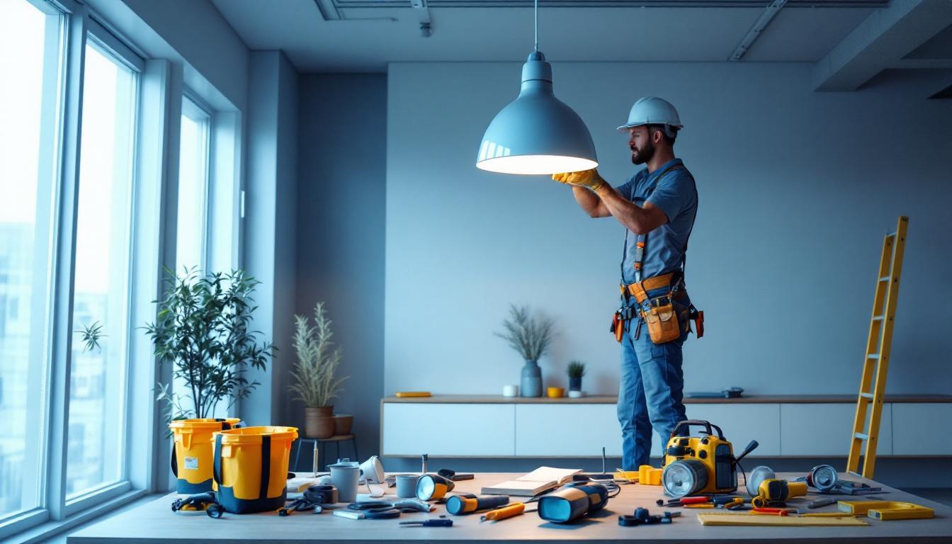A photograph of a lighting contractor expertly installing a floating ceiling light fixture in a modern