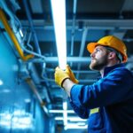 A photograph of a lighting contractor efficiently replacing old t12 fluorescent tubes with energy-saving led alternatives in a commercial setting