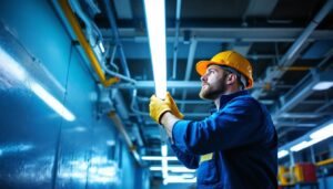 A photograph of a lighting contractor efficiently replacing old t12 fluorescent tubes with energy-saving led alternatives in a commercial setting