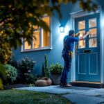 A photograph of a beautifully illuminated outdoor setting featuring solar door lights in action