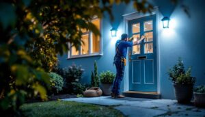 A photograph of a beautifully illuminated outdoor setting featuring solar door lights in action