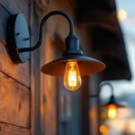 A photograph of a stylish gooseneck barn lamp installed in a rustic outdoor setting