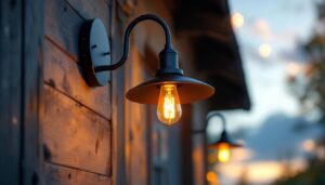 A photograph of a stylish gooseneck barn lamp installed in a rustic outdoor setting