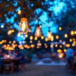A photograph of a beautifully illuminated outdoor space featuring heavy-duty string lights