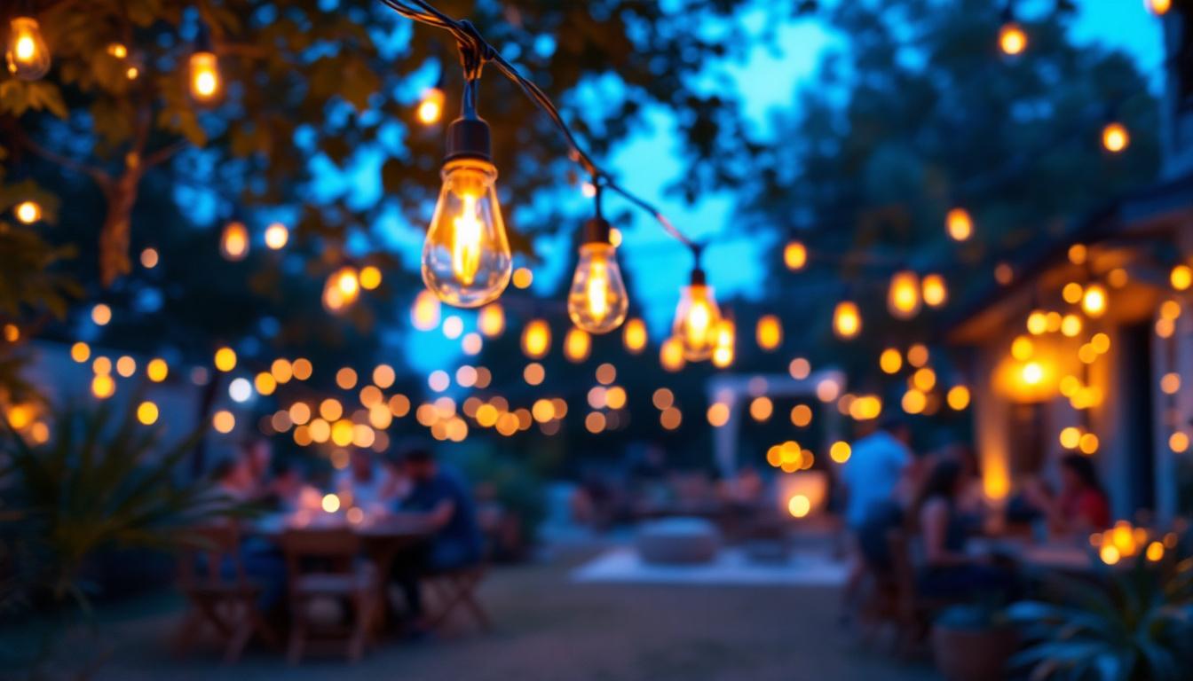 A photograph of a beautifully illuminated outdoor space featuring heavy-duty string lights