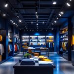 A photograph of a well-lit retail store showcasing sleek track lighting installations that highlight merchandise