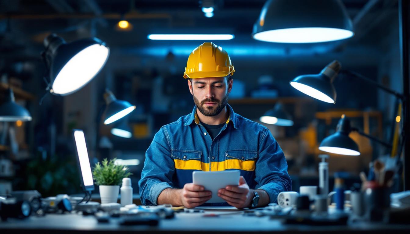 A photograph of a lighting contractor examining a variety of plug-and-play led lights in a well-lit workspace