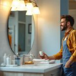 A photograph of a well-lit bathroom or vanity space showcasing a stylish