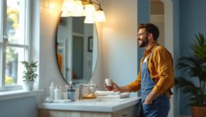 A photograph of a well-lit bathroom or vanity space showcasing a stylish