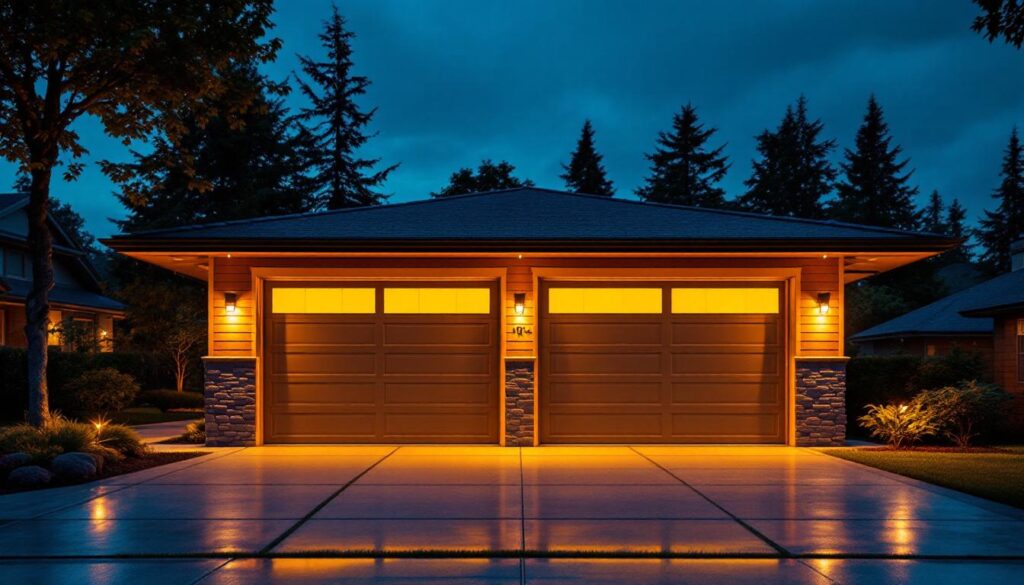 A photograph of a beautifully illuminated outdoor garage at dusk