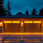 A photograph of a beautifully illuminated outdoor garage at dusk