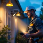 A photograph of a lighting contractor skillfully installing small flood lights in a residential or commercial setting