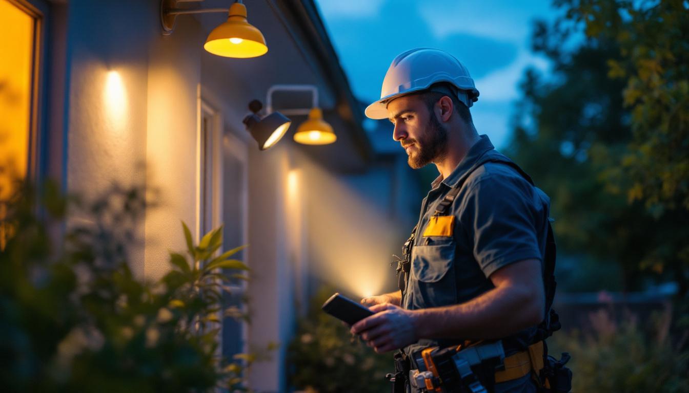 A photograph of a lighting contractor skillfully installing small flood lights in a residential or commercial setting