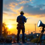 A photograph of a lighting contractor working on a project at dusk