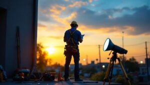 A photograph of a lighting contractor working on a project at dusk