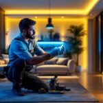 A photograph of a lighting contractor installing led plug-and-play fixtures in a modern residential setting