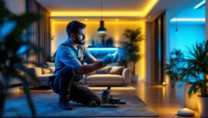 A photograph of a lighting contractor installing led plug-and-play fixtures in a modern residential setting