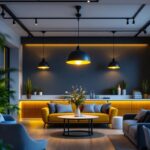 A photograph of a modern commercial space featuring stylish led pendant lights in various settings