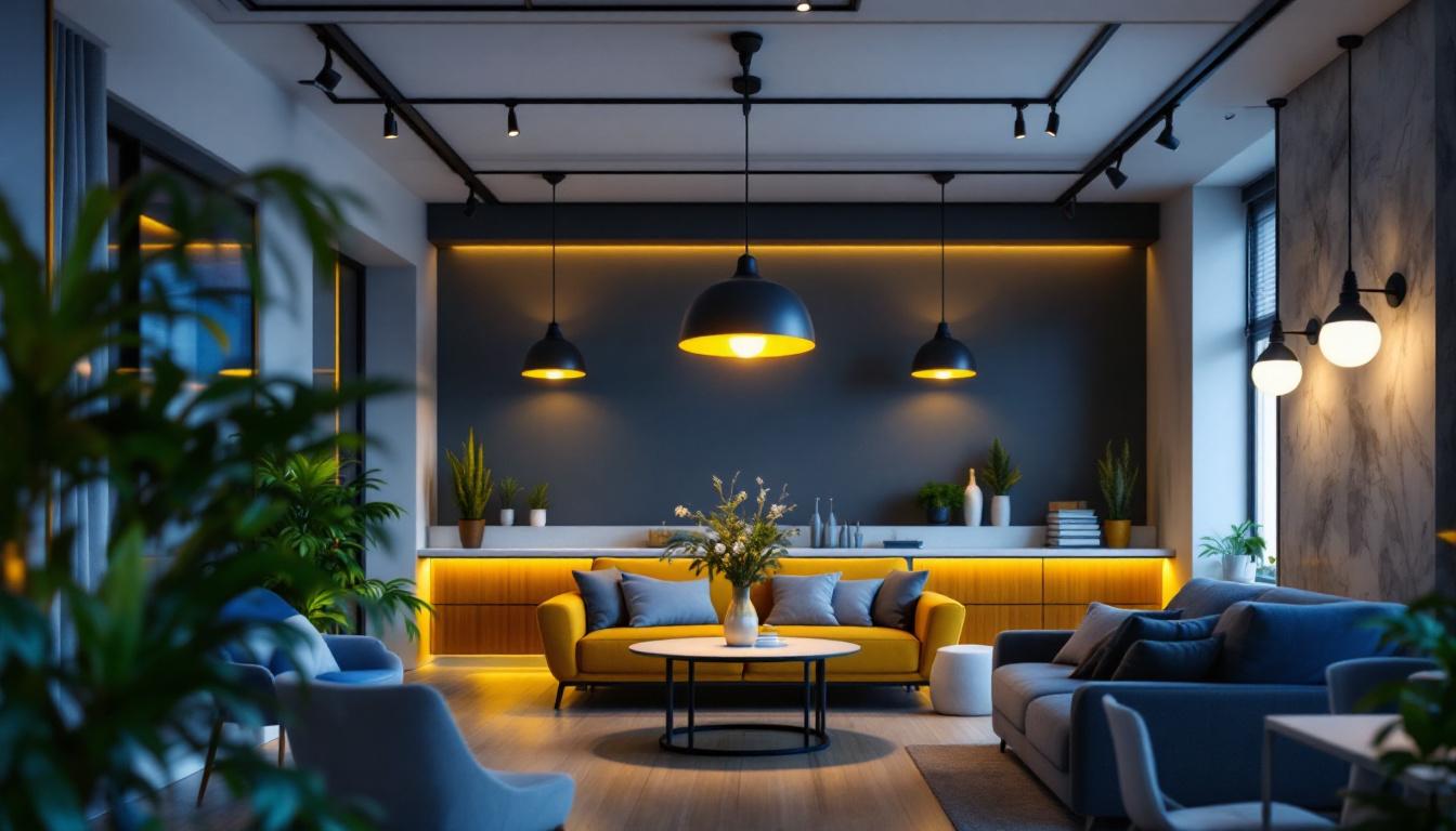 A photograph of a modern commercial space featuring stylish led pendant lights in various settings