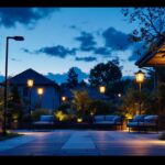 A photograph of a beautifully illuminated outdoor space at dusk