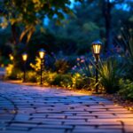 A photograph of a beautifully illuminated outdoor pathway lined with vibrant solar-powered path lights