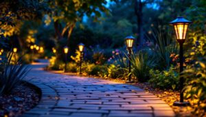 A photograph of a beautifully illuminated outdoor pathway lined with vibrant solar-powered path lights