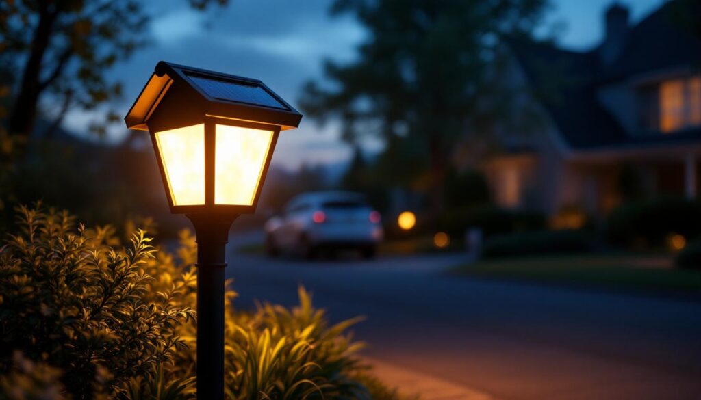 A photograph of a beautifully illuminated solar light mailbox at dusk