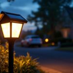 A photograph of a beautifully illuminated solar light mailbox at dusk
