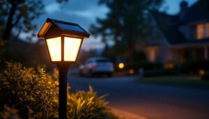 A photograph of a beautifully illuminated solar light mailbox at dusk